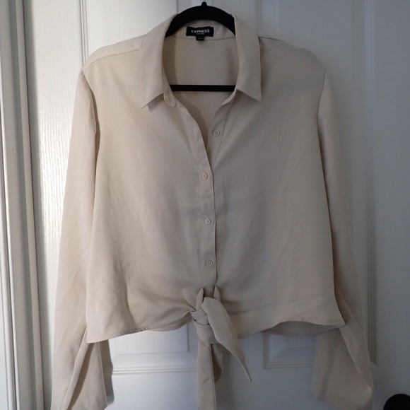 Express Cream Satin Front Tie Portofino Blouse - Picture 3 of 7